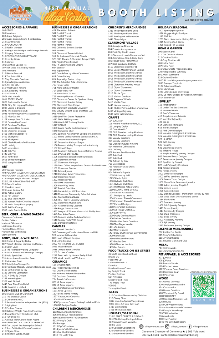 Vendor list and QR code for vendors for Village Venture