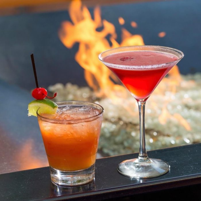 Fire with drinks at Lounge 425, one of the best places to eat drink and shop in Claremont